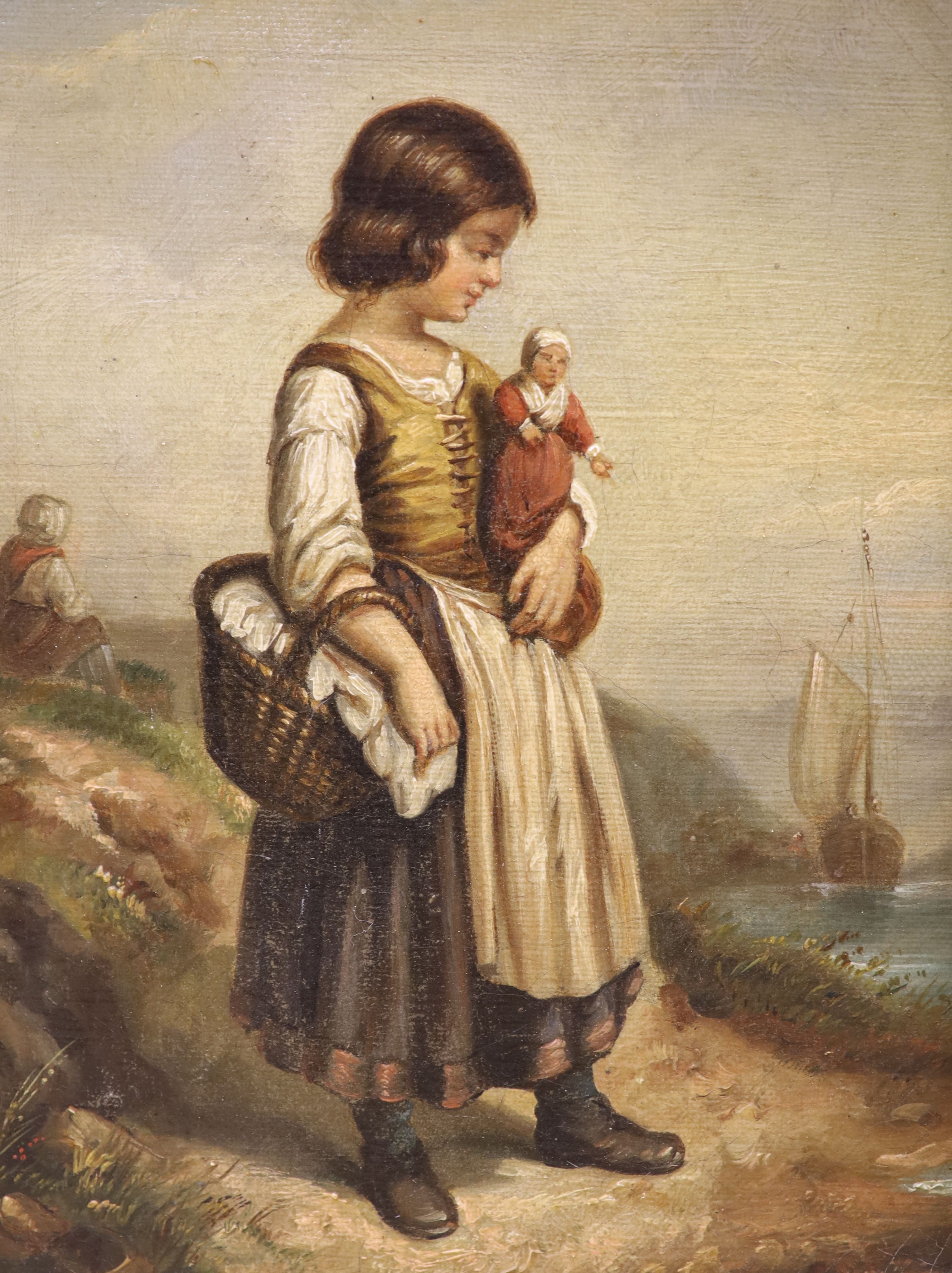 19th century French School, oil on canvas, Girl holding a doll standing upon the seashore, 21 x 16cm